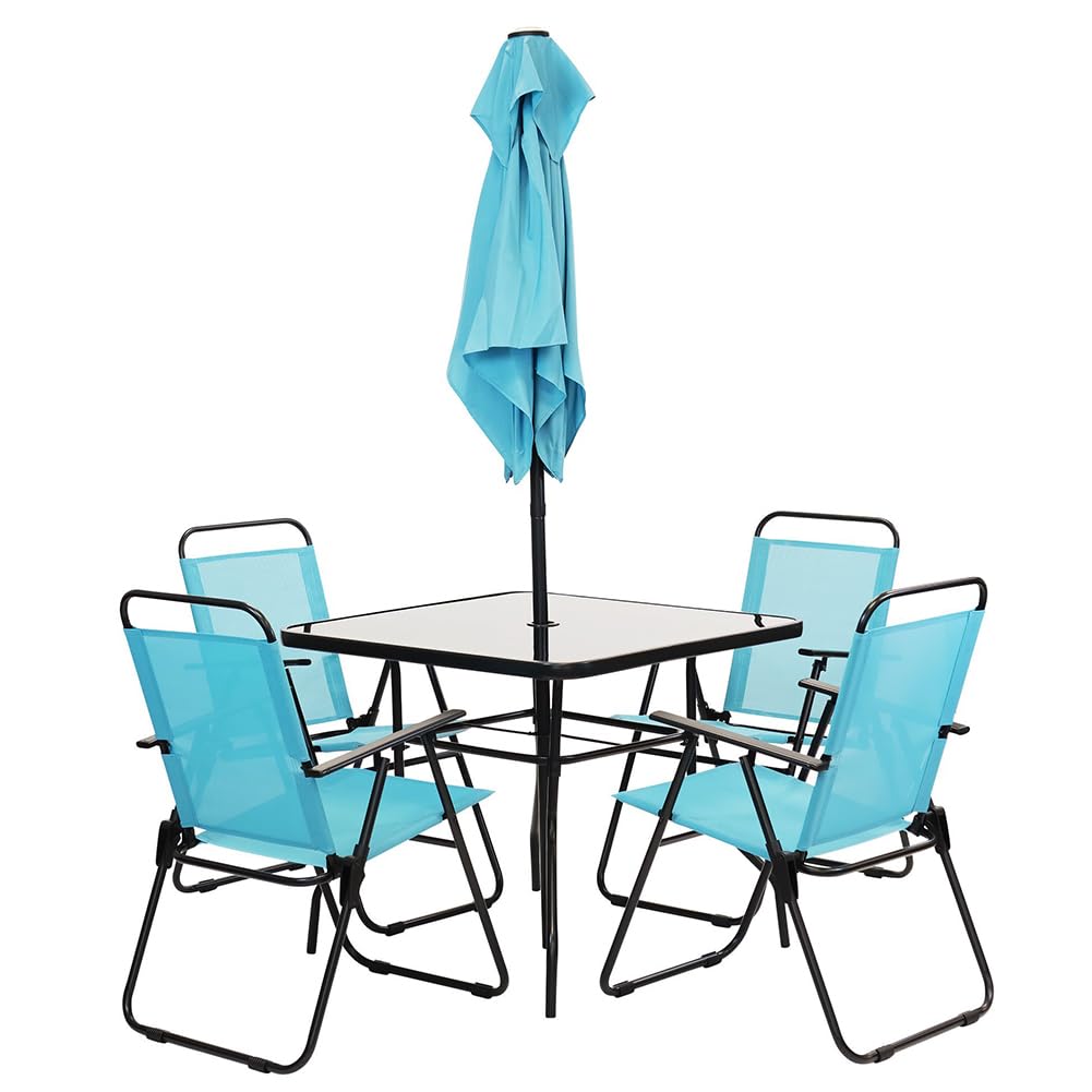 Shally Dogan Set da Pranzo Giardino 6 Pezzi con Ombrellone, 4 Sedie Pieghevoli, Tavolo Vetro Temperato, UV Resistente, Arredamento Esterno