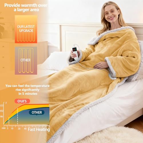 Image of Wearable Heated Blanket With Sleeves & Foot Pocket, Heated Throw Blankets Fast Heating Blanket With 10 Heat Settings Auto Shut Off Over-Heat Protection-Warm Gift, Machine Washable, 52 inch*72 inch+18 inch