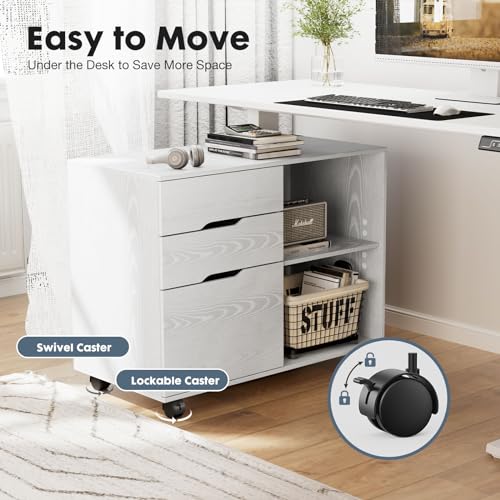 Image of DUMOS File Cabinet with 3 Drawers, Wood Under Desk Storage Printer Stand | Rolling Lateral Filing Cabinet with Adjustable Shelves for Home Office Study Organizatiom, Classic White