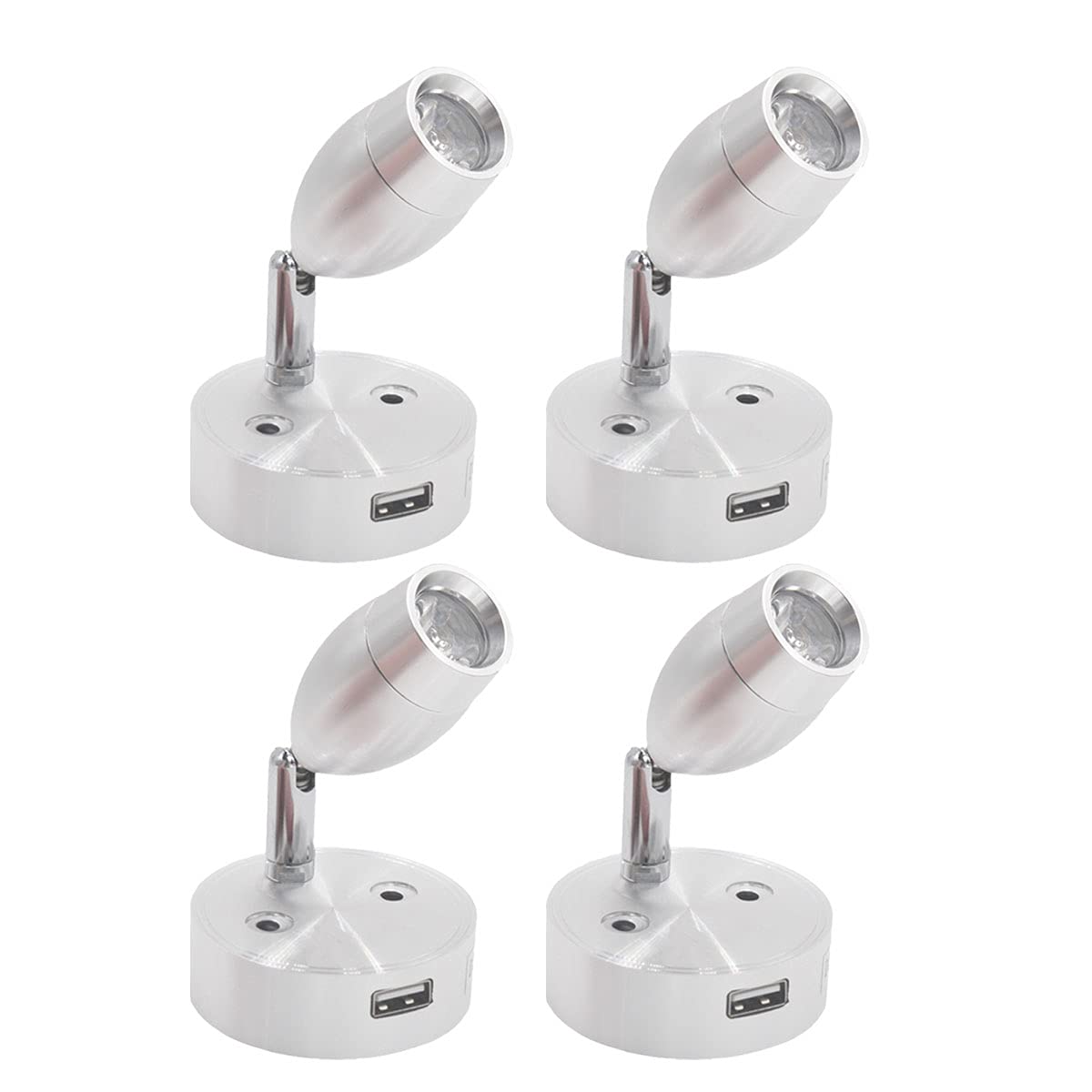 4 luces LED de 12 V para lectura de puntos interiores con puerto de alimentación USB, control táctil y cabezal ajustable para furgoneta, caravana, barco, RV, bombillas para coche (blanco cálido)