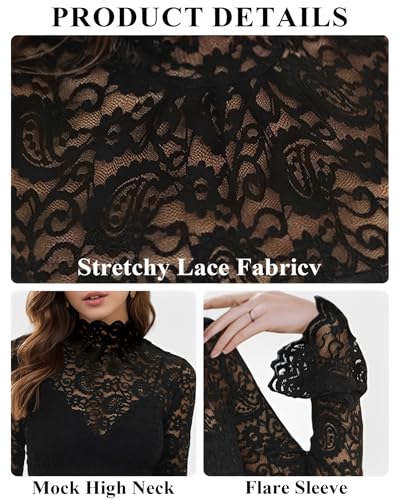 Women's Long Sleeve Lace Mesh Tops High Neck Sheer Blouse Sexy Floral Going Out Top3