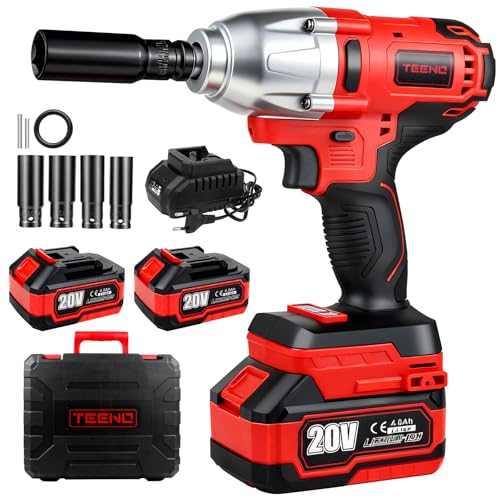 TEENO Llave de impacto, inalámbrica,1/2' Pistola de Impacto Bateria 600 Nm con batería de 2x4.0Ah, llave de impacto con 4 boquillas(17/19/21/22mm), giratoria para coche y uso