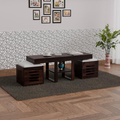 Image of Jangid Handicraft Solid Wood Coffee Table with 2 Stools | Tea Center Table with 2 Stools for Living Room | Wooden Rectangle Sofa Centre Table with Stool | Patio Teapoy Table with Two Puffy | Walnut