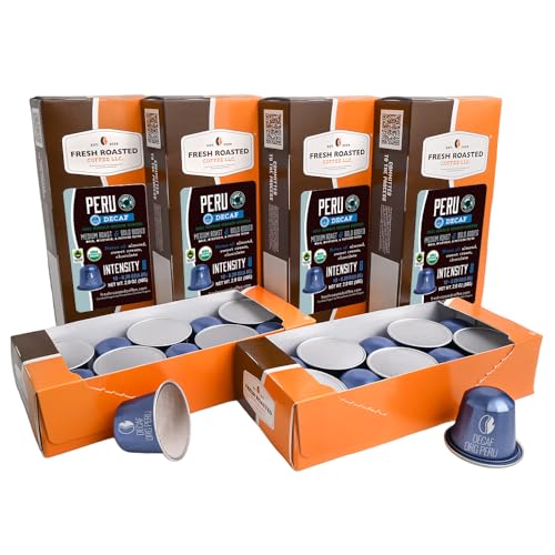 Image of Fresh Roasted Coffee, Peru WP Decaf Espresso Capsules for Nespresso OriginalLine, Medium, USDA Organic, 3rd Party Tested for Mold, Mycotoxin & Pesticides, Kosher, 60 Recyclable Aluminum Capsules