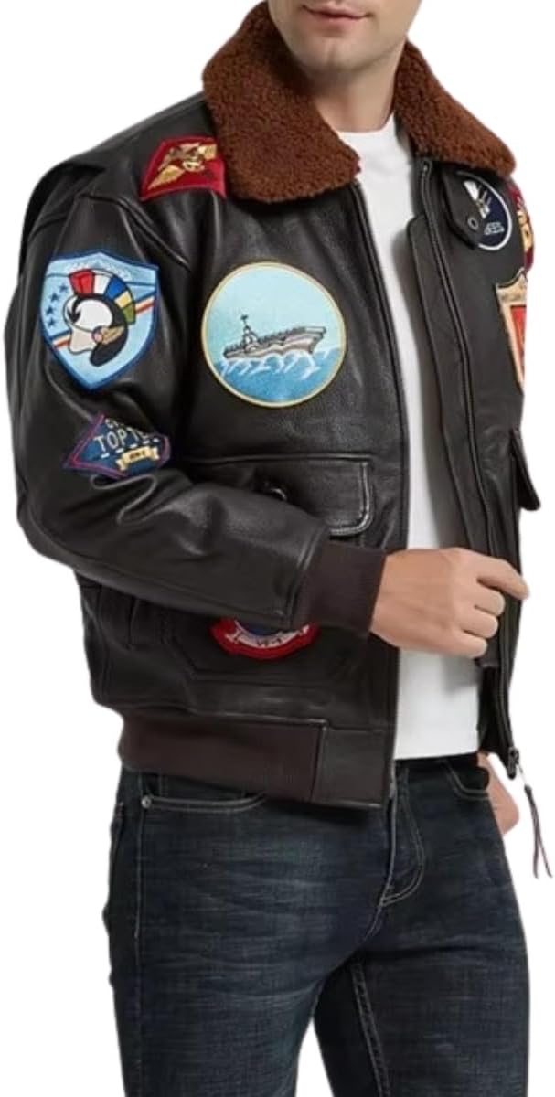 Mens Top Aviator USAAF Pilot Flying Tom Multiple Patches G1 Bomber Jacket Fur Collar Brown Bomber Leather Jacket - Image 3