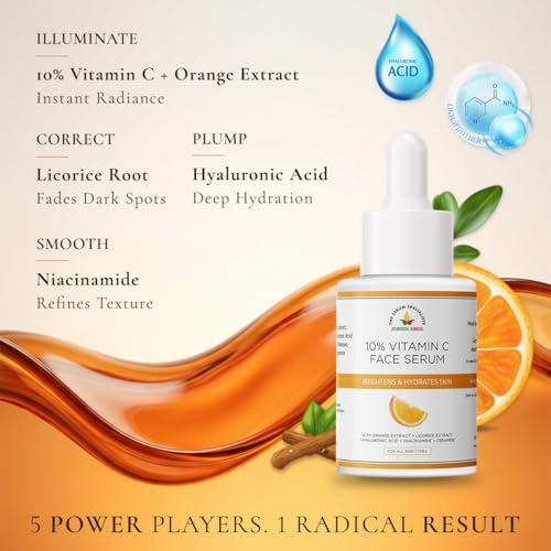Image of 10% Vitamin C Face Serum for All Skin Types | With Niacinamide, Ceramide, Licorice & Hyaluronic Acid | Brightening, Hydrating, Anti-Aging, Dark Spot Corrector | Dermatologically Tested, Non-Comedogenic | 30 ml