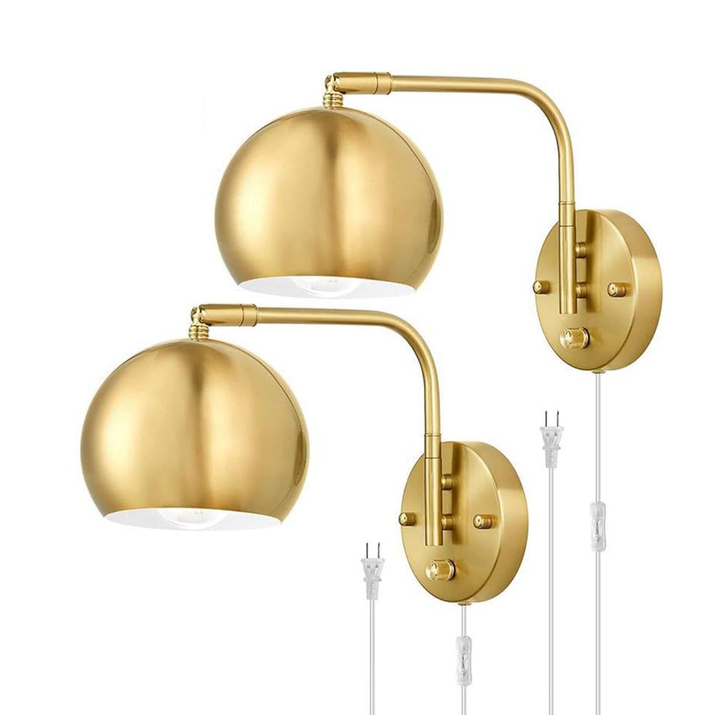 Apliques de Pared de Interior Regulable con Interruptor, E27 Ajustable Lámpara de Pared de Cabecera de Metal Dorado con Enchufe y Cable Retro Lámpara de Lectura de Pared para Salón, Dormitorio,2pack