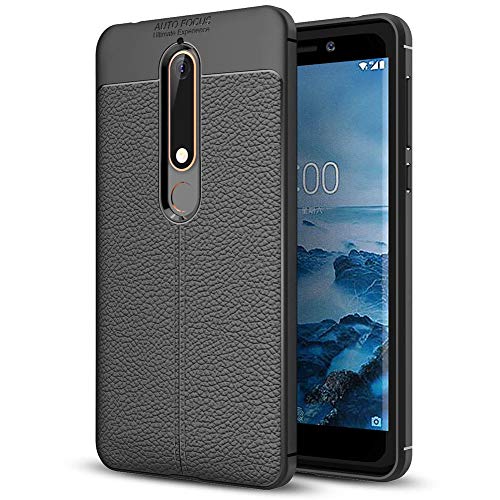 NALIA Leather Look Case Compatible with Nokia 6.1 2018, Silicone Ultra-Thin Protective Phone Cover Rubber-Case Gel Soft Skin, Shockproof Slim Back Bumper Protector Backcase Smartphone Shell - Black