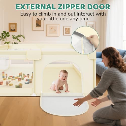 Image of Baby Playpen 64x64 Inch for Babies and Toddlers Indoor & Outdoor | Large Baby Play Yard, Safe & Sturdy, Easy-Assembly, Non-Slip, Easy to Clean, Lightweight, External Zipper Door, Beige