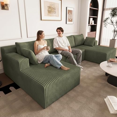 Image of 124 inch U-Shape Cloud Couch, Modern Modular Sectional U-Shape Sofa, Corduroy Boneless Couch Upholstered Couches Deep Seat Sleeper Chaise Longue for Living Room, No Assembly Required,Green