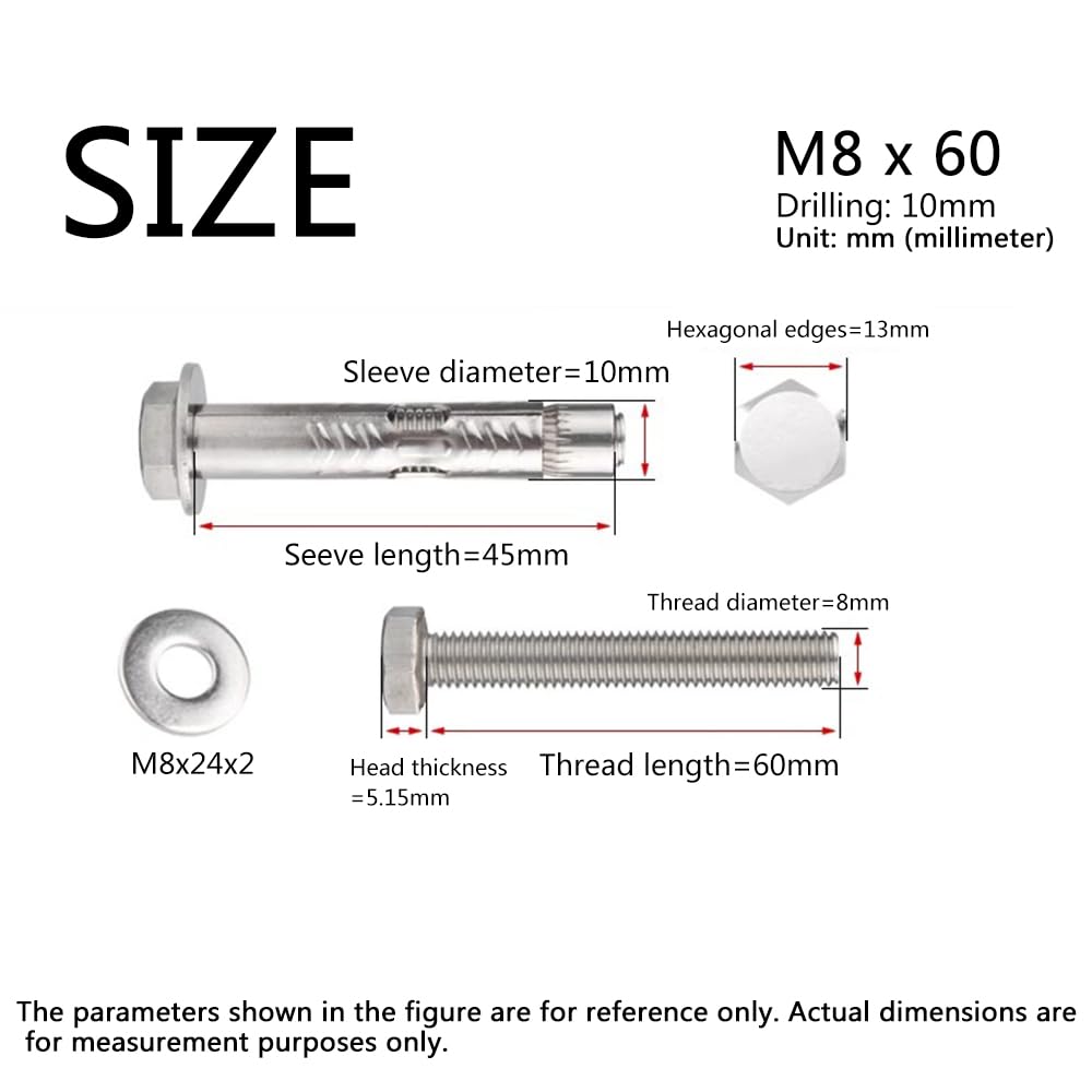 Leliafleury M8*60 Expansion Screw Bolts 4Pcs Stainless Steel Anchor Bolts External Hex Nut Expansion Sleeve for Wall Brick Concrete Masonry Fixings - Image 2