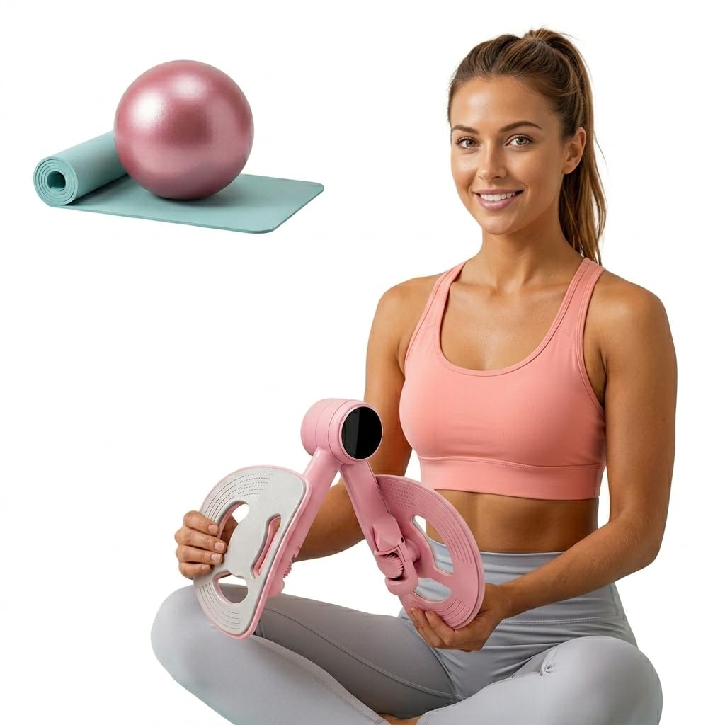 Thigh Trainer, Pelvic Floor Muscle Trainer, Inner Thigh Exercise Workout Equipment for Home Gym, Pelvic Floor Strengthening Women,Yoga Ball Included,Pink Color,no Counter