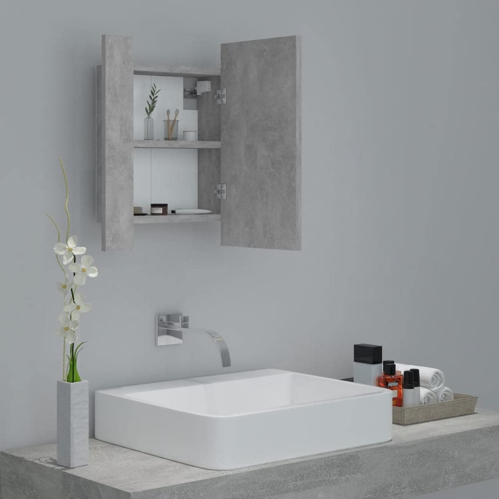 vidaXL Armario Espejo de Baño con Luz LED Acrílico Aseo Ducha Muebles Mobiliario Almacenamiento Estante Decoración Adorno Gris 40x12x45 cm