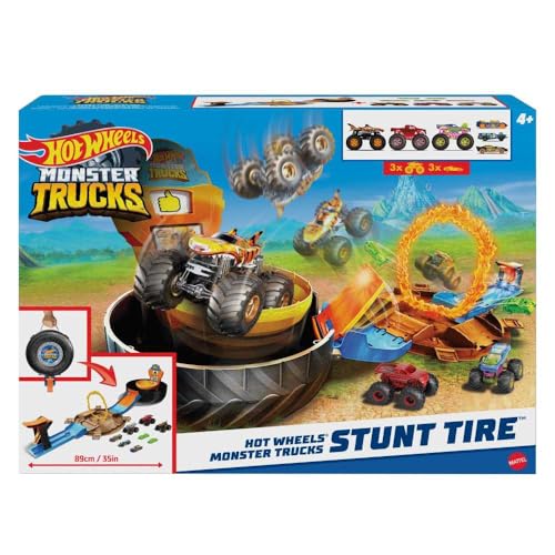 Image of Hot Wheels Monster Trucks Stunt Tire Bundle, Ages 4+ | 35 in stunt track, slam launcher, 3 monster trucks + 3 cars, folds with handle, no batteries, Ages 4+ (Amazon Exclusive)