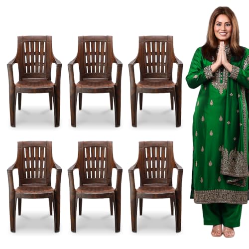 Image of MAHARAJA Heavy Duty Plastic Chairs with Arm Rest |200Kg Load Capacity (Teakwood,Pack of 6)