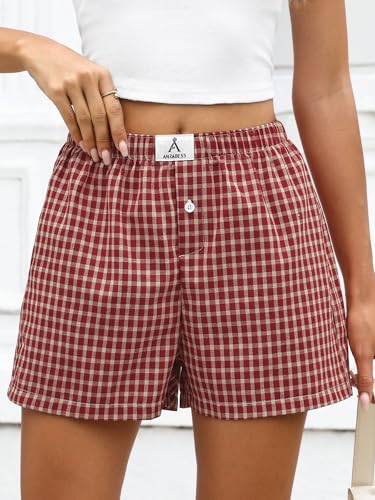Image of ANRABESS Boxer Shorts for Women Gingham Pajama 2026 Summer Casual Lounge Sleep Plaid Shorts Y2K Beach Bottoms