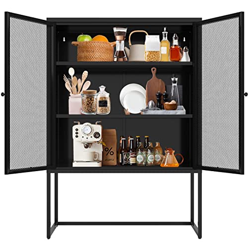 Fandon Metal Storage Cabinet With Mesh Doors,47.2" Multipurpose Storage Cabinet,Metal Cabinets With Doors And Shelves,3-Tier Office Cabinet,Load Capacity 55 Lb Per Tier(Black) #TOP18