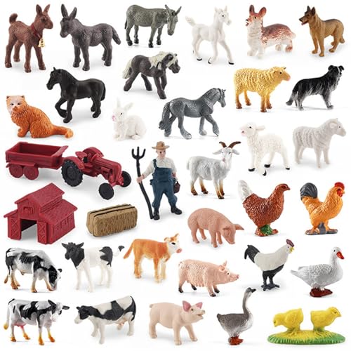 HoveeLuty Lot de 34 Figurines d'animaux de la Ferme réalistes, tracteurs, Animaux la Ferme, Jeu éducatif en résine pour Tout-Petits, Cadeaux pour Enfants