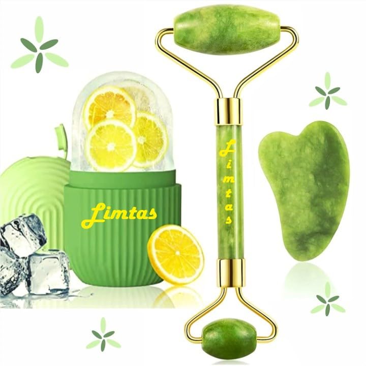 LIMTAS Face Massager For Women Reusable Silicon Ice Cube Roller Massage And 100% Natural Jade Roller With Gua Sha Stone Set Facial Roller For Skin Eye Neck Body (Ice Roller And Stone Jade Roller) (B0CYXJ9FTC) Amazon Price History, Amazon Price Tracker