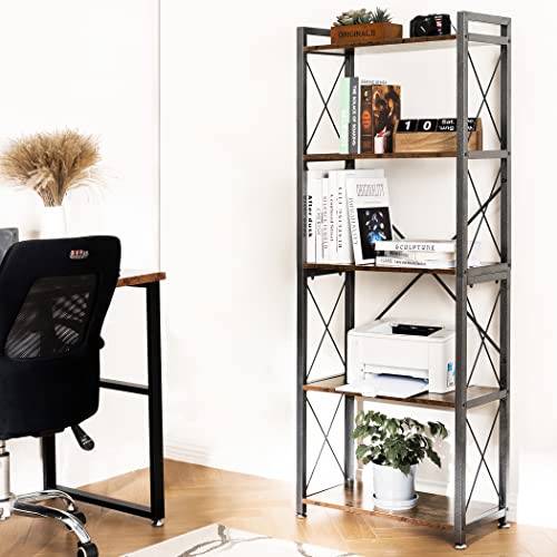 Lavievert 5 Tier Industrial Bookshelf Vintage Bookcase Shelf Organizer Rustic Wood And Metal Storage Rack For Home, Office, Garage, Kitchen, Living Room - Rustic Brown #TOP6