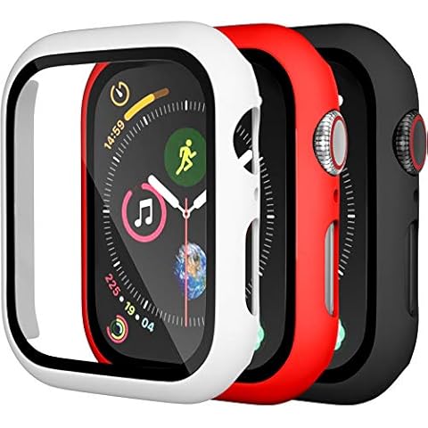 Charlam Compatible with Apple Watch Case 44mm iWatch SE Series 6 5 4 with Screen Protector, Slim Guard Thin Bumper Full Coverage Hard Cover Defense Edge for Women Men, Black White Red, 3 Pack Cover