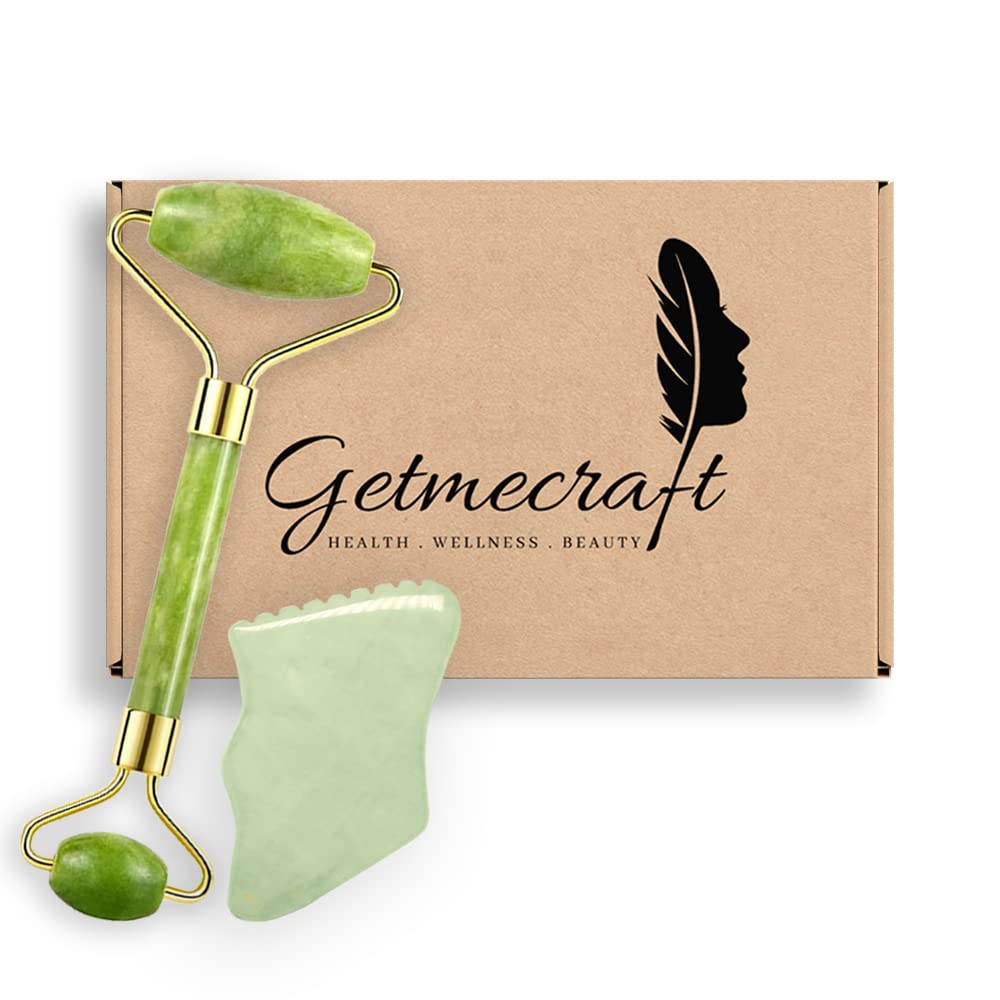Getmecraft Jade Face Roller and Jade Gua Sha with Teeth Shape Sides and Ridges Massage Tool Set Massager For Face, Neck, Dark Circles and Under Eye Treatment