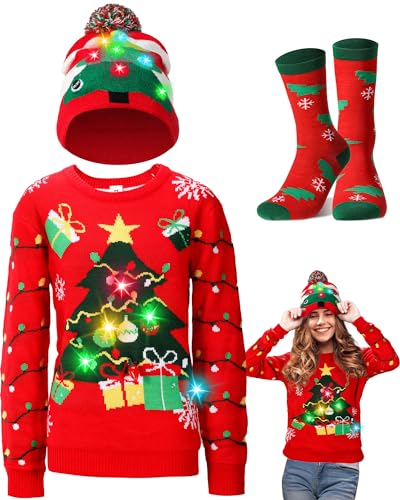 Liitrsh 3 Pack Christmas Tree Light up Ugly Sweaters for Women 2024 Knitted Xmas Tree Reindeer Hat Socks for Adults Holiday