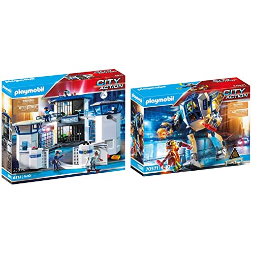 PLAYMOBIL City Action 6872 Polizeistation mit Gefängnis, Ab 5 Jahren & City Action 70571 Polizei-Roboter: Spezialeinsatz…