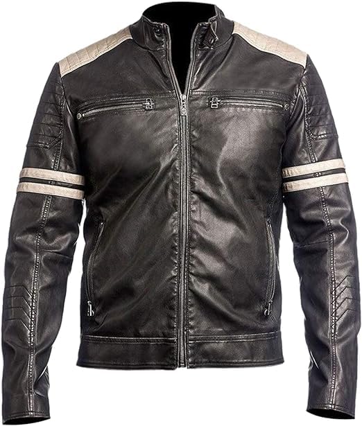 Image of Men's Leather Jacket Cafe Racer Biker Style Retro Stripes Jacket, Motorcycle Racing Leather Jacket Men