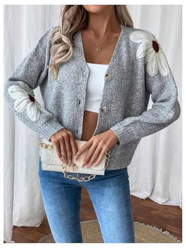 Image of SHENHE Women's Flora V Neck Button Down Cardigan Drop Shoulder Elegant Flower Sweater Outerwear