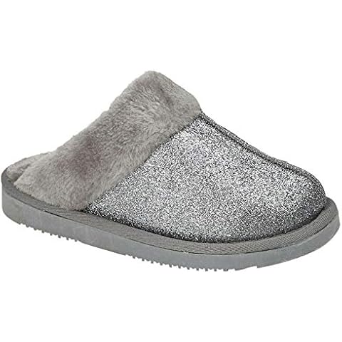 Stylozuk Ladies Glittery Mule Slipper Faux Fur Lined & Collar (UK 7 / EU 40 / US 9, Grey) Cover