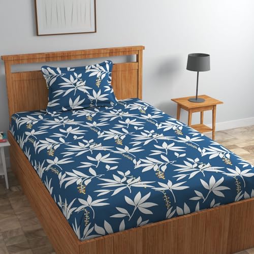 Image of Pure Cotton 220 TC Flat Single Bedsheets For Summer Breathable | Wrinklefree (Size-60 X 90 Inch Or 228 X 152 Cm) With 1 Pillow Covers (Size-17 X 27 Inches, Teal Blue White)