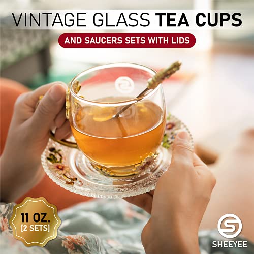 Sheeyee Vintage Glass Tea Cups And Saucers Sets With Lids Spoons, Enamel Daisy Flower Coffee Cup With Decorative Handle, Elegant Fancy Tea Sets For Women, 11 Oz.[2 Sets] #TOP5