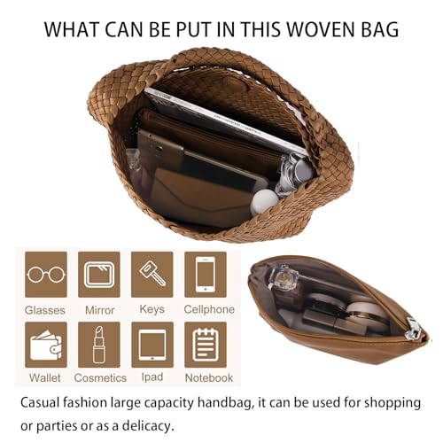 Image of Woven Tote Bag For Women, Large Vegan Leather Travel Handbag, Casual Work Shoulder Bag, Underarm Commuter Hobo Bag With Purse