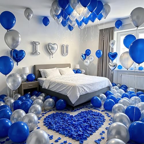 Image of I Love You Balloon Decoration Kit for Him, Royal Blue and Silver | 1000 Silk Rose Petals,Foil Heart Balloons,40 Latex Balloons,Ribbon and Glue Dots|Romantic Room Decor,Anniversary Valentine