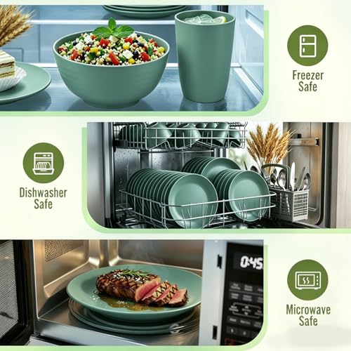 Image of Wheat Straw Dinnerware Sets 40 PCS Unbreakable Dishes Set for Kitchen, Outdoor, Camping Dishes Plates and Bowls Sets with Cups, Dessert Plates, Dishwasher & Microwave Safe - Green