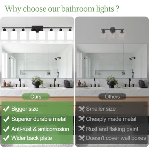 Image of Indoi 8-Light Bathroom Light Fixtures, Matte Black Modern Vanity Lights with Milky White Shades, Bathroom Wall Lamp for Mirror Living Room Cabinet Bedroom Porch