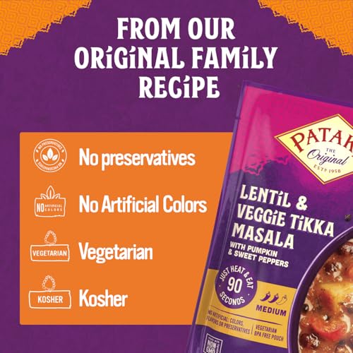 Image of Patak's Lentil & Veggie Tikka Masala - Vegetarian Indian Curry w /Lentils, Beans, Pumpkin, Sweet Potatoes & Vegetables - Ready-to-Eat Microwaveable Meal - Serve with Rice or Naan - 10.5oz (Pack of 3)