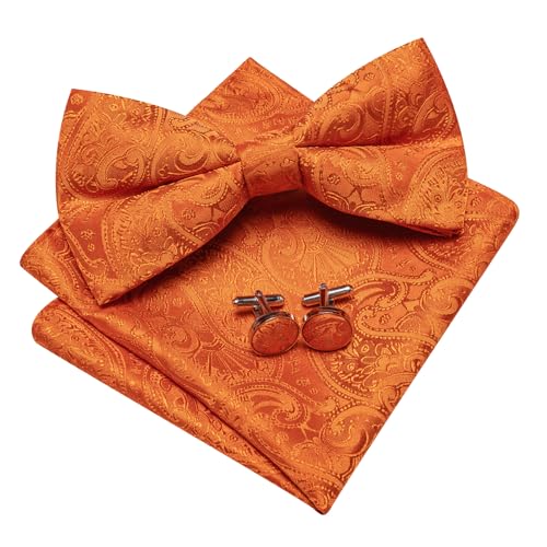 Image of Barry.Wang Paisley Striped Bow Tie for Men Silk Pre-Tied Bowtie Pocket Square Cufflinks Set Formal Wedding Party Prom