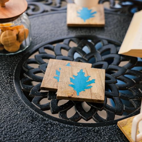 Image of Ireka Home Autumn Blue Coaster Set of 4, Mango Wood & Resin - Tea Cup, Coffee Mug & Glass Coasters for Dining Table & Home Decor
