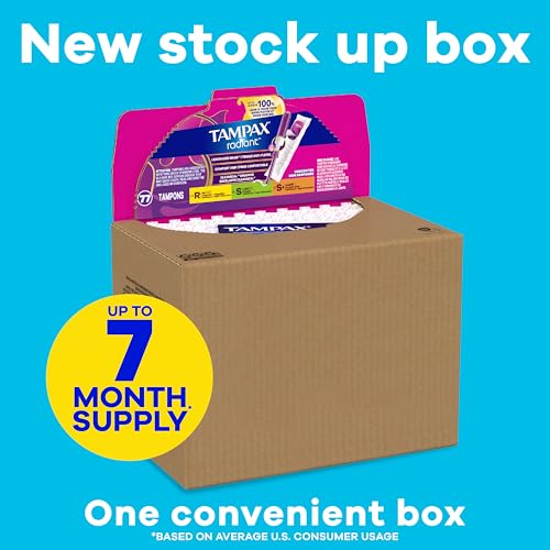 Image of Tampax Radiant Tampons Multipack, with LeakGuard Braid, Regular /Super /Super Plus Absorbency, Up to 100% Leak and Odor Free Protection, Unscented, 77 Count