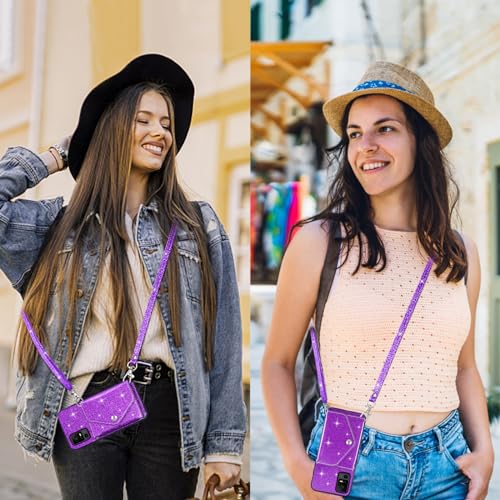 Asuwish Phone Case for TCL 40 XE 5G/40 X Wallet Cover with Tempered Glass Screen Protector and Crossbody Strap Lanyard Bling Glitter Credit Card Holder Stand 40XE5G 40XE EX T609DL 40X T609M Purple - Thumbnail 5
