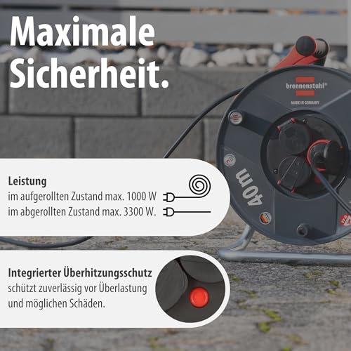 Brennenstuhl Garant V2 IP44 Kabeltrommel 40m outdoor (Made in Germany, 3 Schutzkontakt-Steckdosen, Spezialkunststoff)