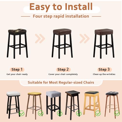 Image of PU Leather Bar Stool Covers Rectangular, 100% Waterproof Stool Covers Rectangle Super Stretch 20% Thicker Leather Saddle Stools Cover Rectangular Counter Bar Stools with Elastic Band (2 PCS, Coffee)