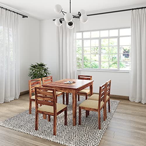 Image of Amazon Brand - Solimo Sheesham Wood Ladzin Six Seater Dining Table with 6 Cushioned Chairs Wooden Dining Set 6 Seater for Dining Room Home Living Room (Natural Finish)