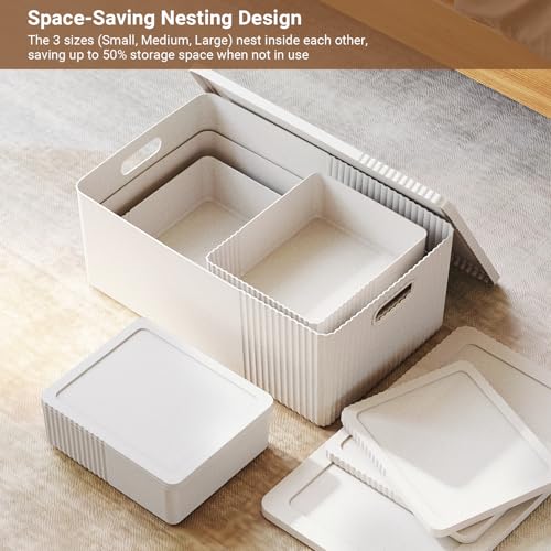 Image of Decorative Storage Bins with Lids, Set of 6, 3 Size Baskets, Ivory