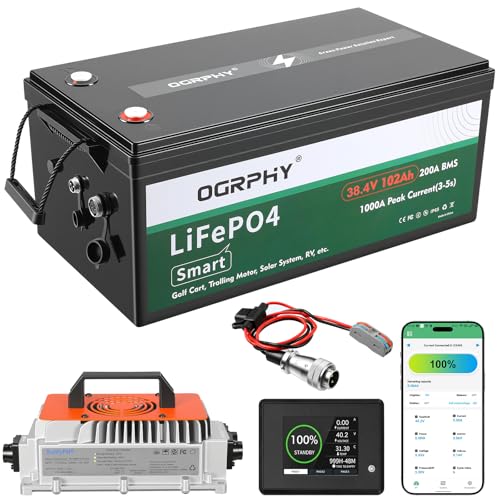 Image of OGRPHY 36V 102Ah Lithium Golf Cart Battery - Conversion Kit w /Built-in 36V to 12V Converter & 200A Smart BMS, Bluetooth & Touch Monitor, 25A Fast Charger, 4000+ Cycles, Fits EZGO /Yamaha /Club Car