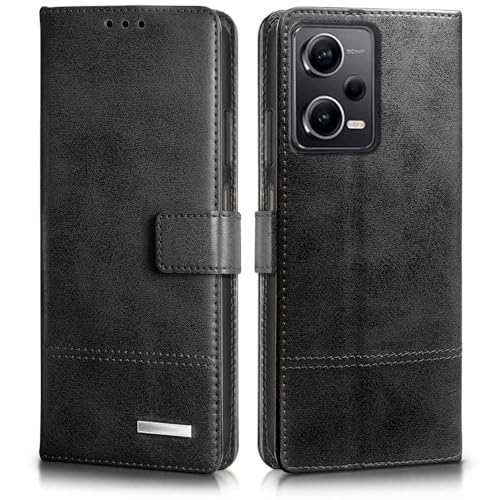 Image of WOW IMAGINE Shock Proof Hand Stitched Royal Flip Cover Case for Xiaomi Redmi Note 12 Pro 5G (Flexible | Leather Finish | Wallet Case Card Holders & Stand | Tanned Black)