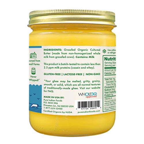 Grassfed Organic Cultured Ghee - By Pure Indian Foods ,14 Oz, Pasture Raised, Lactose Free, Gluten-Free, Non-Gmo, Paleo, Keto-Friendly, Batch Tested For Casein And Whey #TOP4