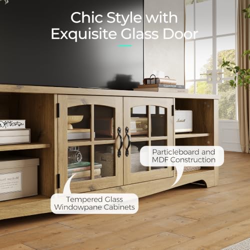 LINSY HOME Farmhouse TV Stand for 65 Inch TV, Wood Entertainment Center with Glass Door Storage Cabinet & Adjustable Shelves, Sturdy TV Console Table for Living Room Bedroom, Oak by LINSY HOME - Used condition - Image 5